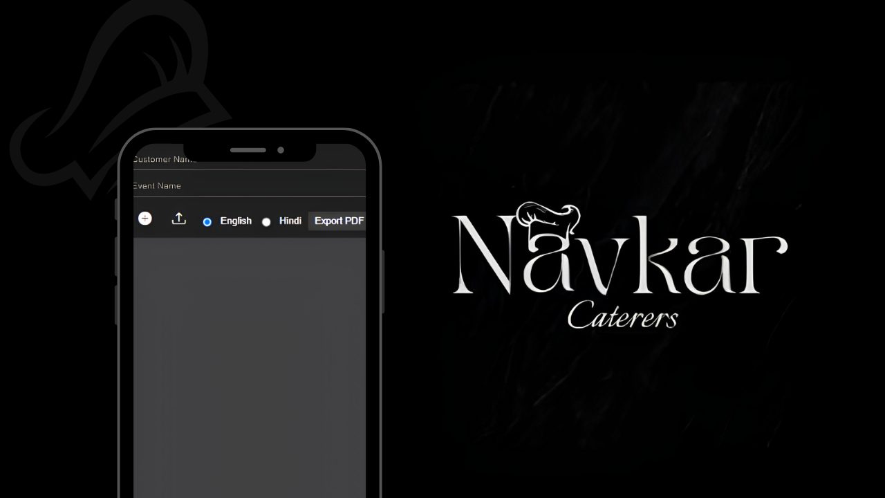 The Navkar Caterers menu builder on a phone, with English and Hindi options and PDF export